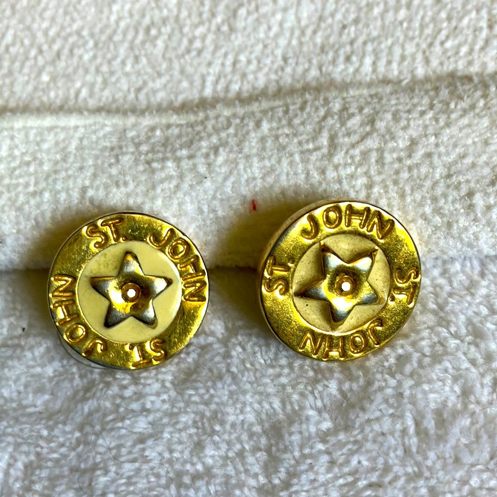 Vintage St John Gold Tone and Ivory Enamel. Pierced. Out of town for emergency.